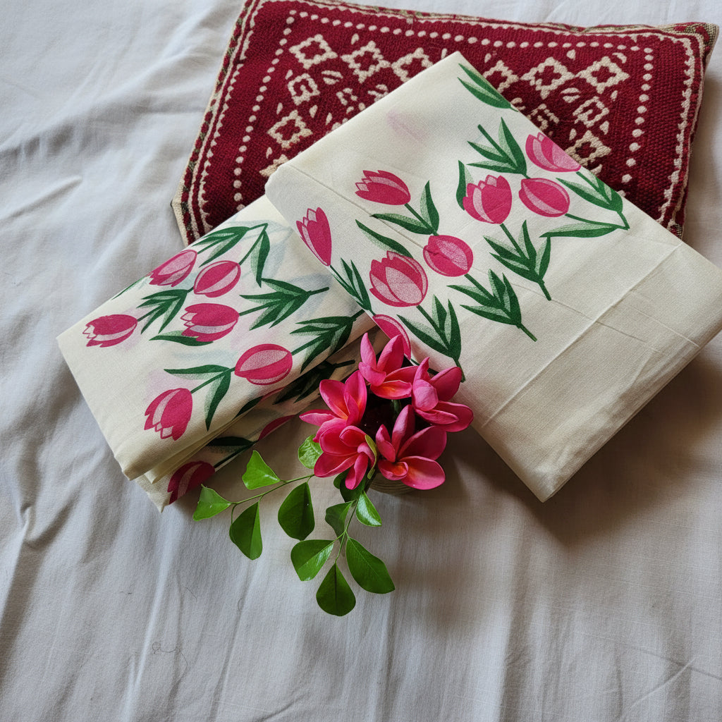 Double Color Handloom Mundu Set - 2.80m