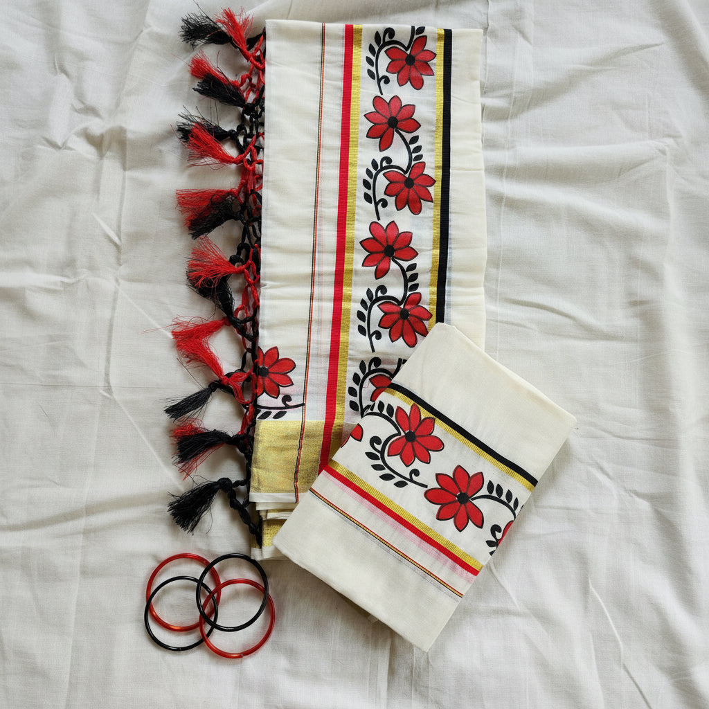 Set Mundu With Floral Tassels