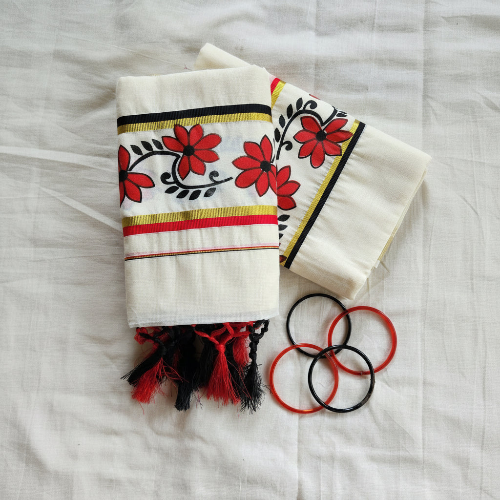 Set Mundu With Floral Tassels