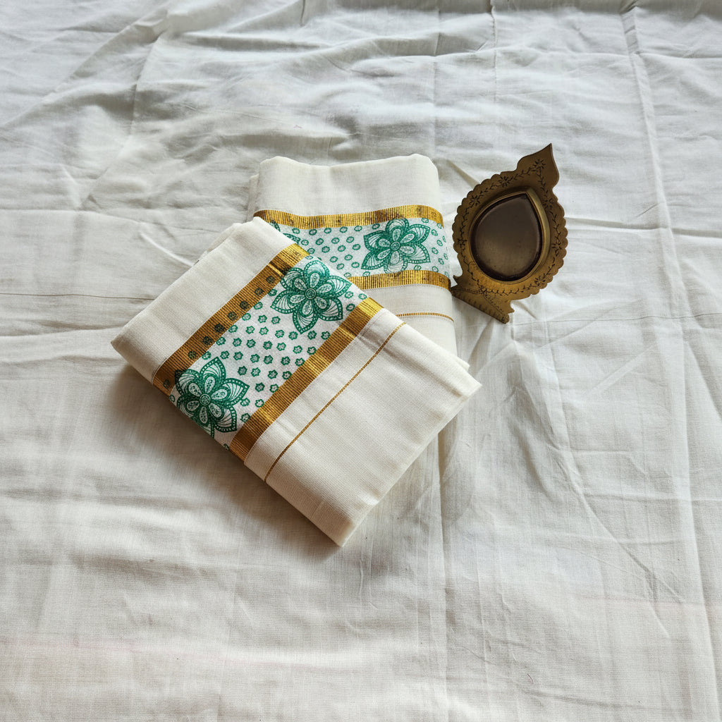Set Mundu With Green Print